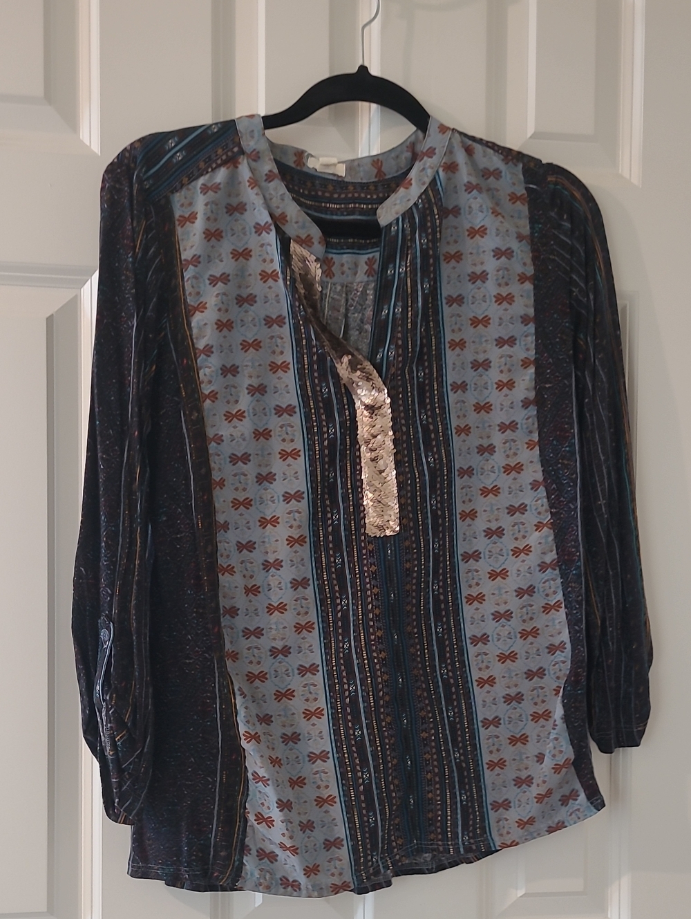 Light Blue and Navy Patterned Long-Sleeve Tunic with Sequin Trim